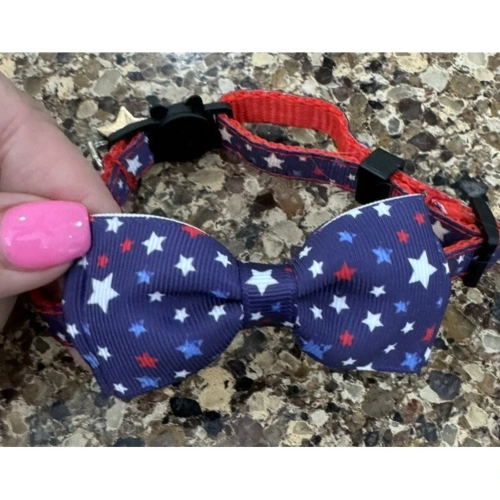 Cat Collar Breakaway with Bell and Bow Tie Red White Blue Adjustable Kitten